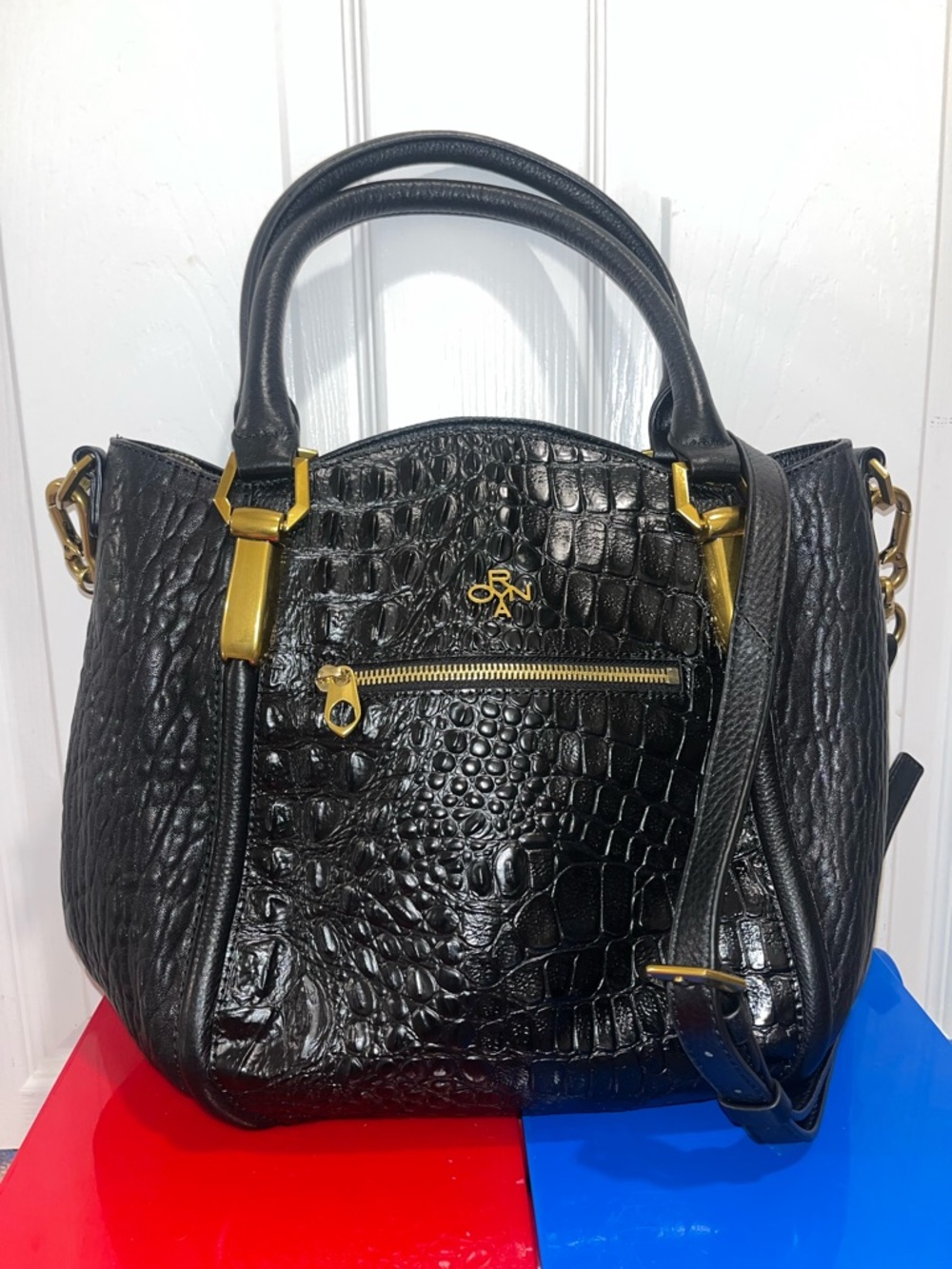 ORYANY Black Croc-Embossed should bag/handbag with Gold Hardware